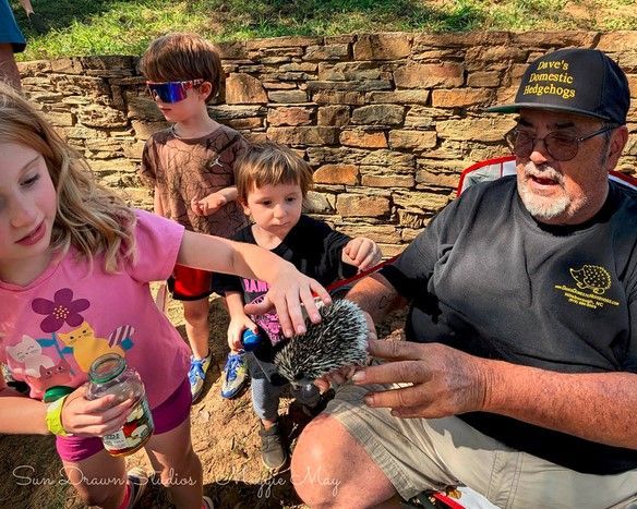Family outdoors by a stone wall, one child feeding a small bird while others watch.
