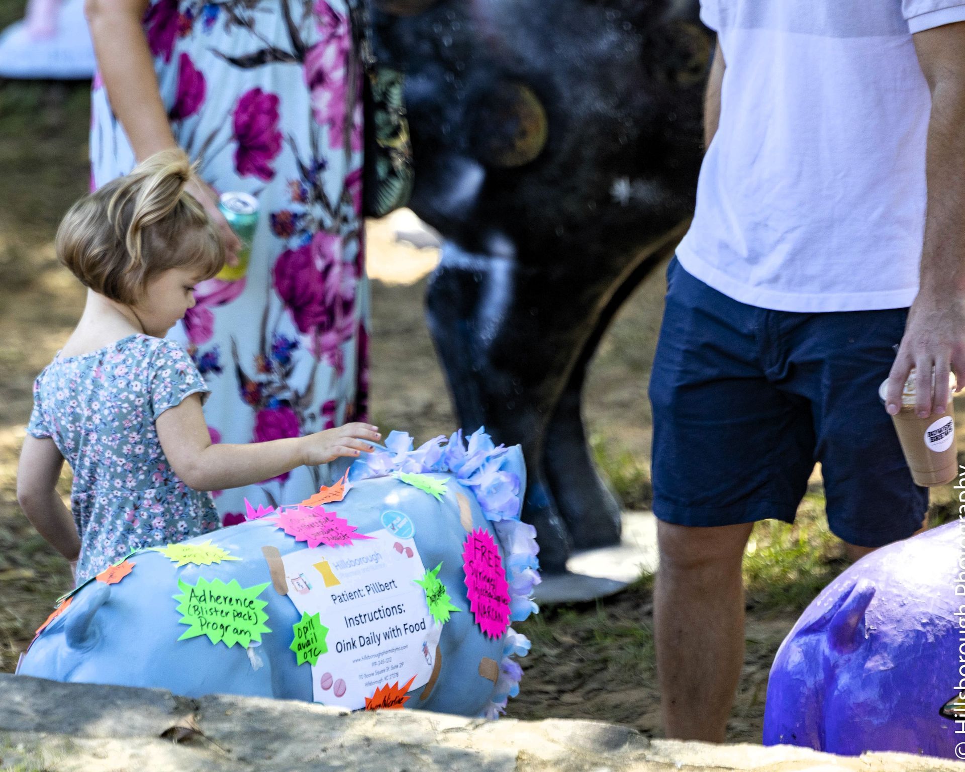 Child stands by decorated gray item outdoors while adults and an elephant are in the background.