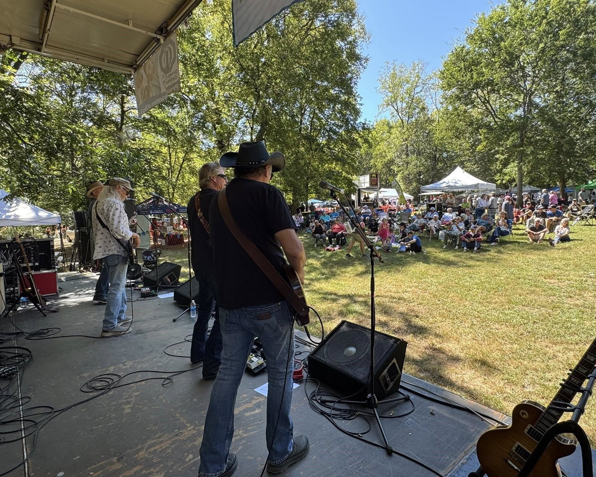 Outdoor live music performance on a stage facing a seated crowd under trees on a sunny day