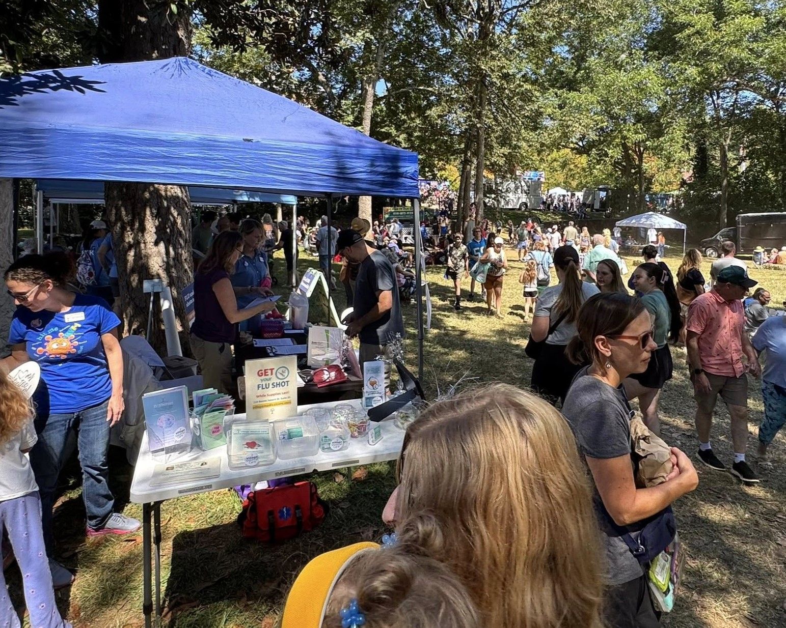 Outdoor fair with people browsing booths under a blue canopy in a sunny park