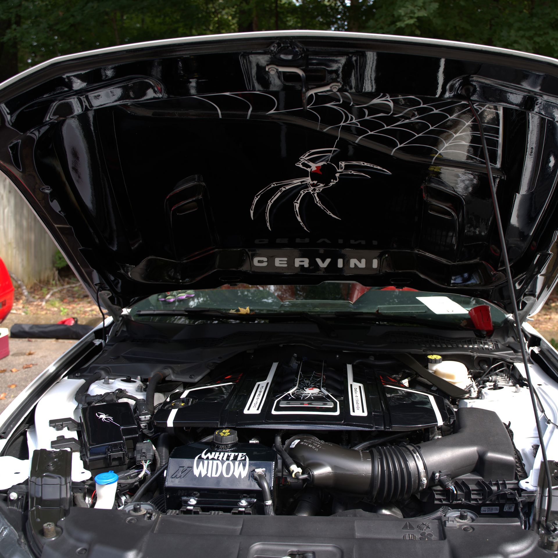 Black car with hood open, showing a customized engine bay outdoors.