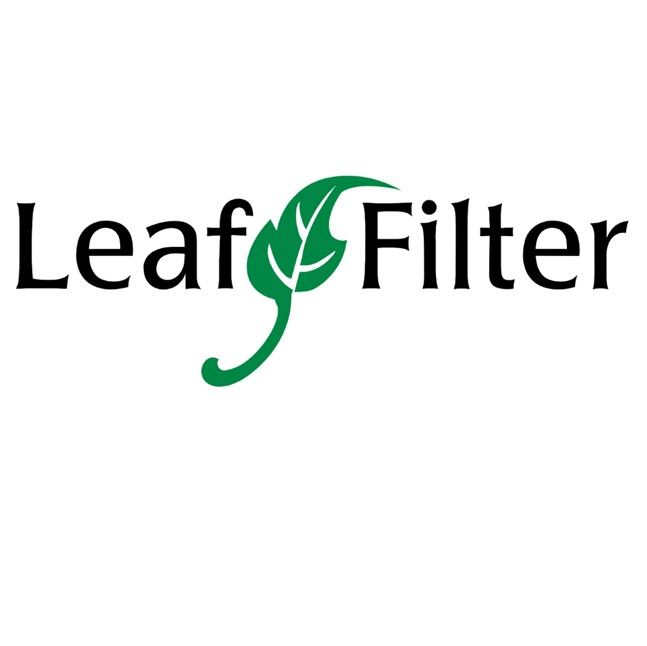 LeafFilter logo in black and green with a stylized leaf forming the “F” on a white background
