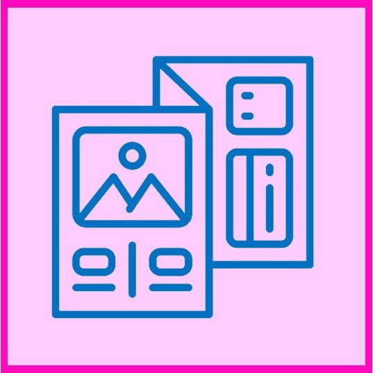 Blue line icon of overlapping photo cards on a pink background