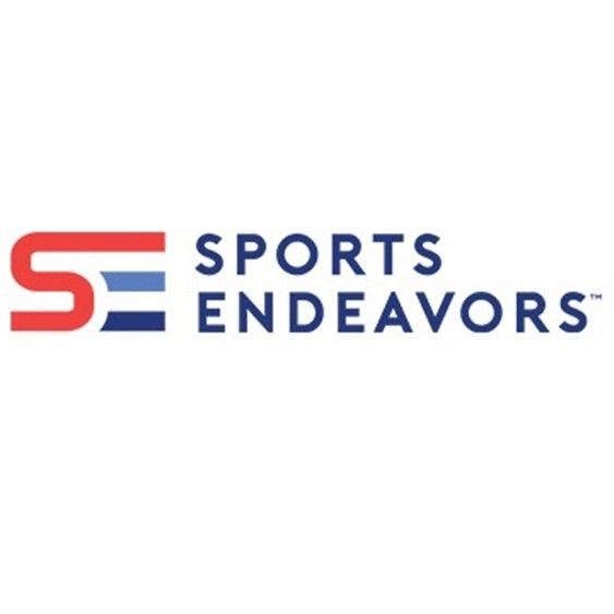 logo for Sports Endeavers - diamond shape top half blue, lower half red with a white E in the middle