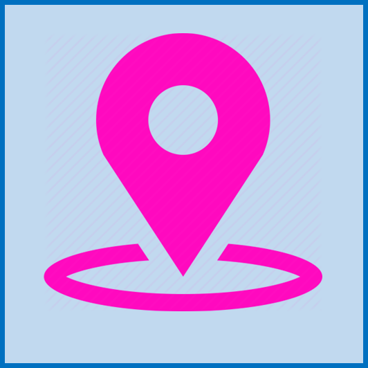 Pink location pin icon above an oval marker on a light blue background