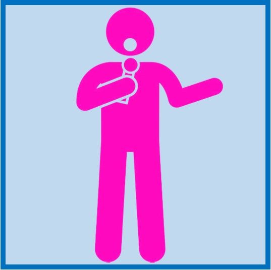 Pink microphone icon of a person speaking, on a light blue background