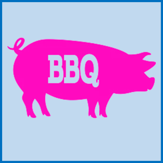 Pink pig silhouette with the letters “BBQ” on a light blue background