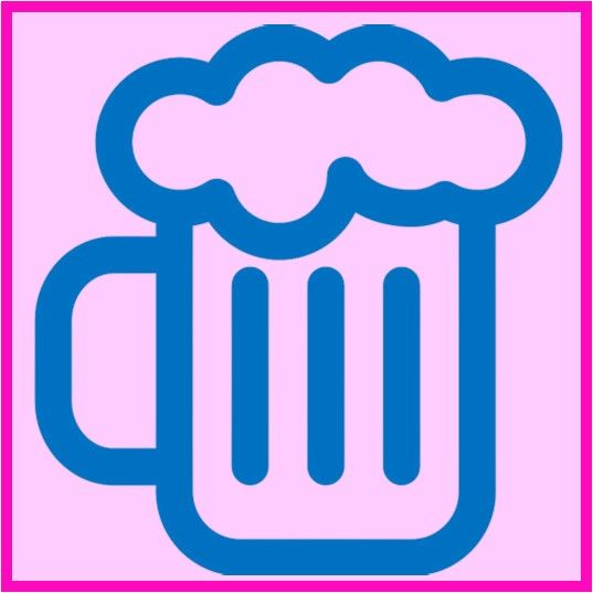 Blue beer mug with frothy foam on a pink background and border.
