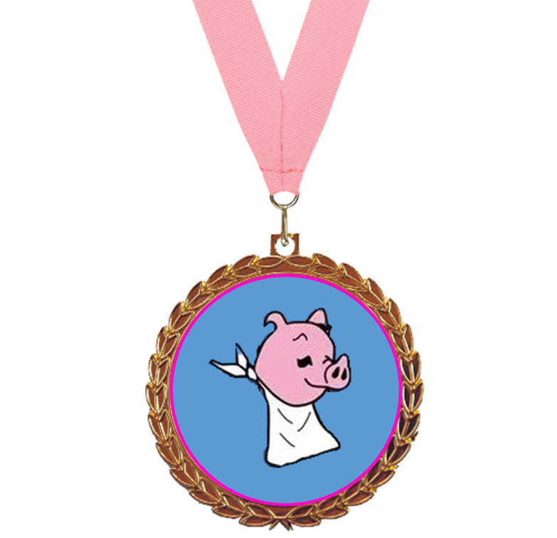 Pink pig medal with a blue center featuring a cartoon pig in a white shirt and pink ribbon