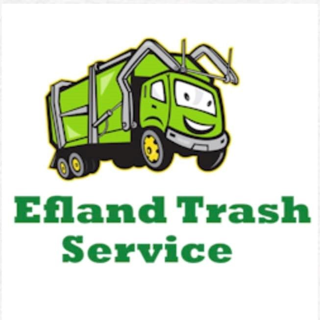 Green garbage truck logo with “Efland Trash Service” text underneath