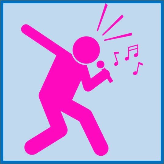 Pink singer silhouette holding a microphone, singing with music notes on a blue background.
