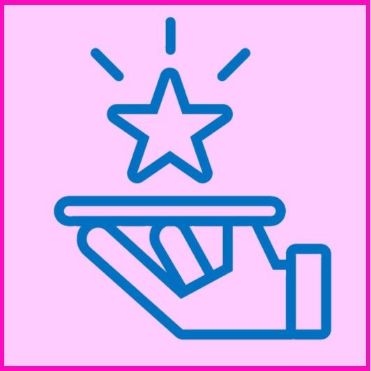 Blue line icon of a hand presenting a star above a tray on a pink background