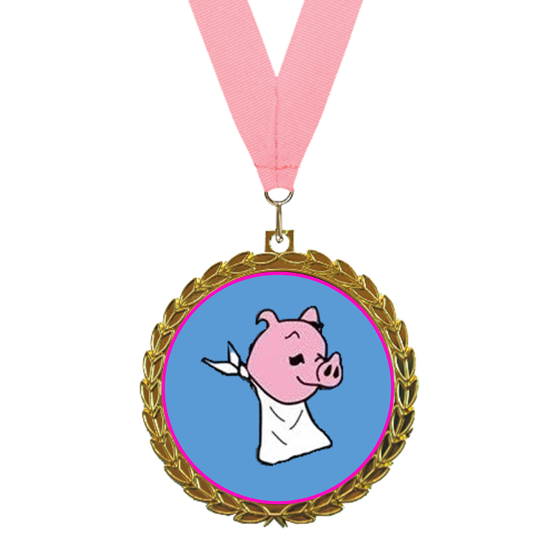 Pink pig medal with a blue center, gold wreath border, and pink ribbon on white background