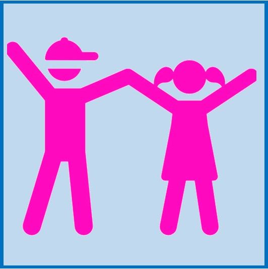 Pink stick figures of two children holding hands against a light blue background