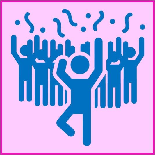 Blue dancing crowd icon on a pink background with confetti above them