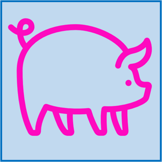 Pink cartoon pig outline on a light blue square background