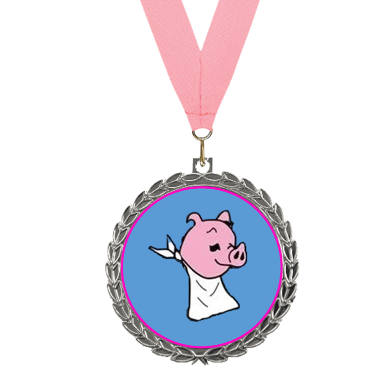 Pink pig cartoon medal pendant on a pink ribbon with a blue center and silver border