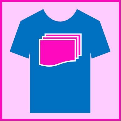 Blue T-shirt with a pink stacked card/booklet icon on the chest, on a light pink background