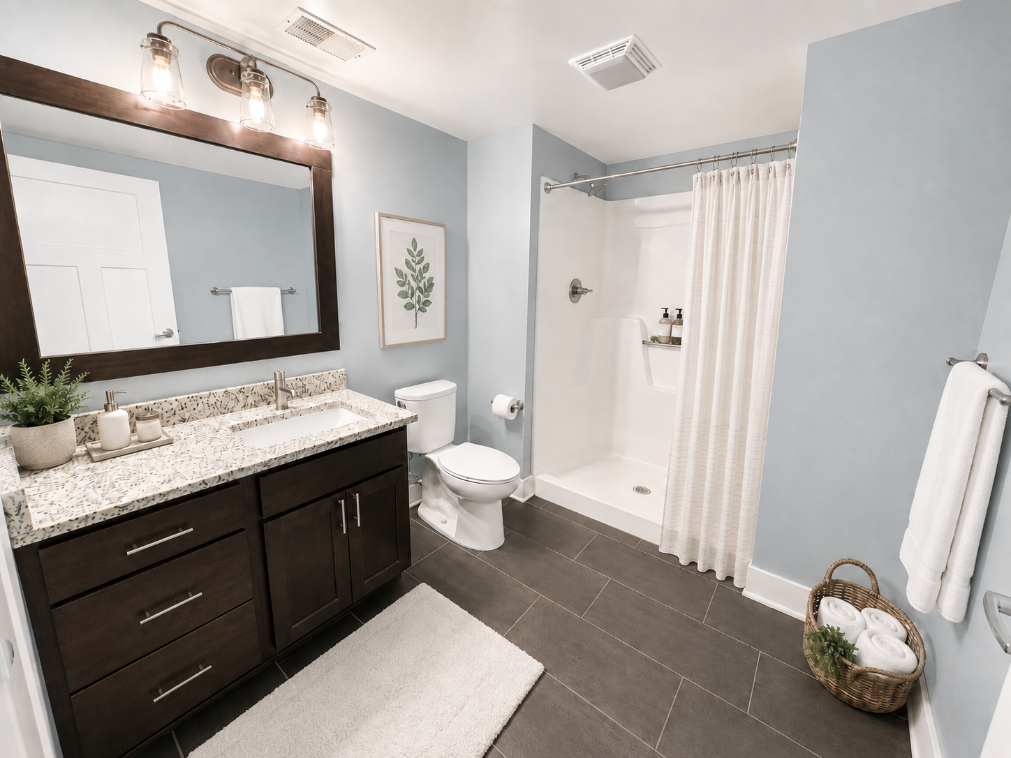 A bathroom with a shower
