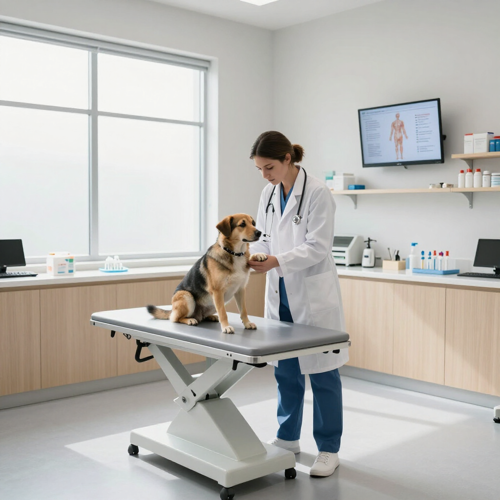 Veterinario examinando a un perro en una mesa de tratamiento en una luminosa sala de exploración de la clínica.