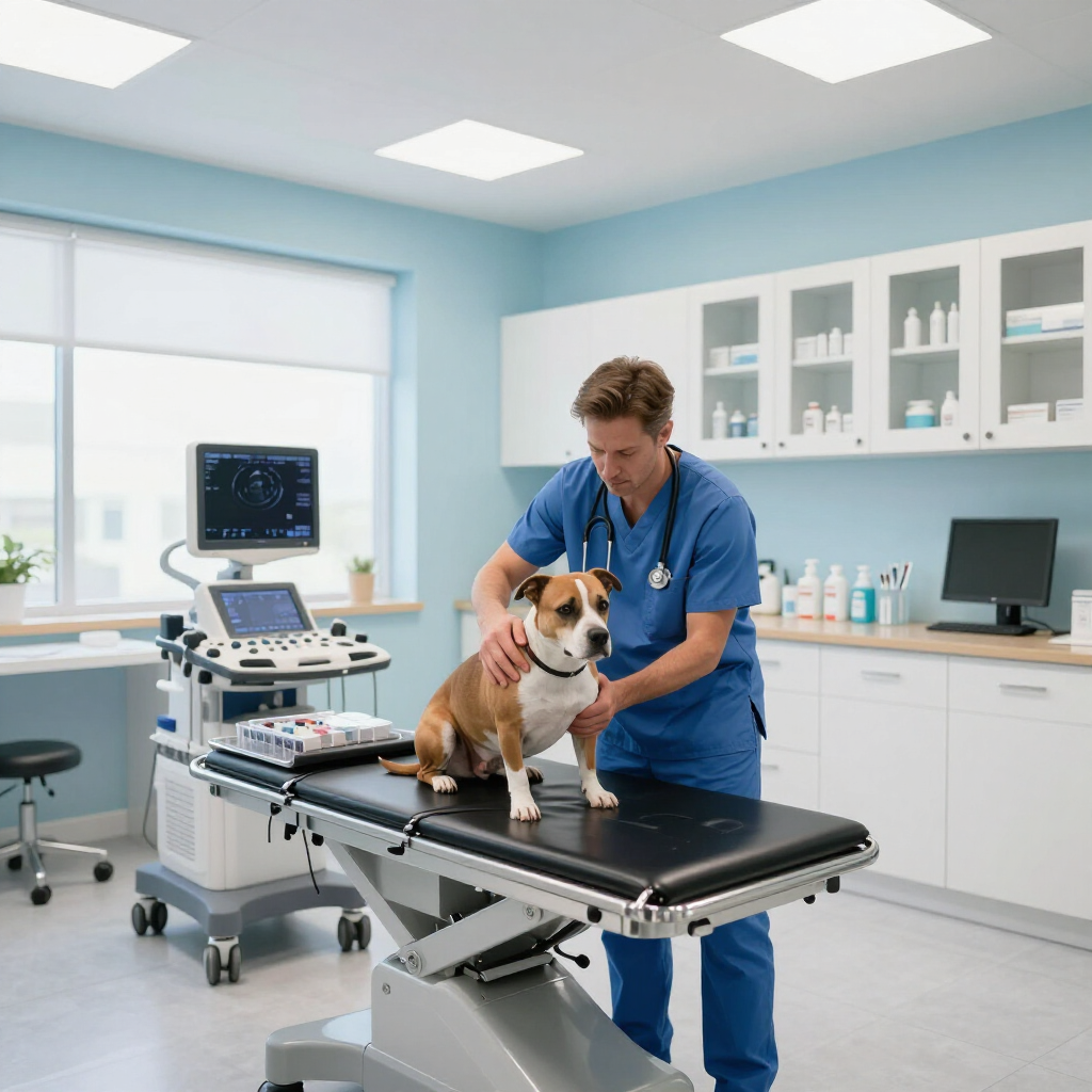 Veterinario examinando a un perro en una mesa de consulta en una sala de examen luminosa.