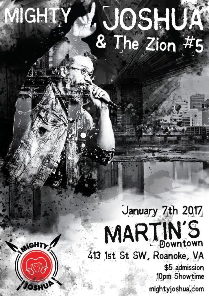 Concert poster for Mighty Joshua & The Zion #5 at Martin's Downtown, Roanoke, VA, Jan. 7th, 2017.
