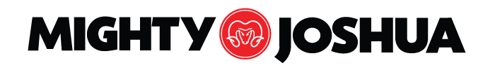 MIGHTY JOSHUA logo with ram's head in a red circle. Black text on white background.
