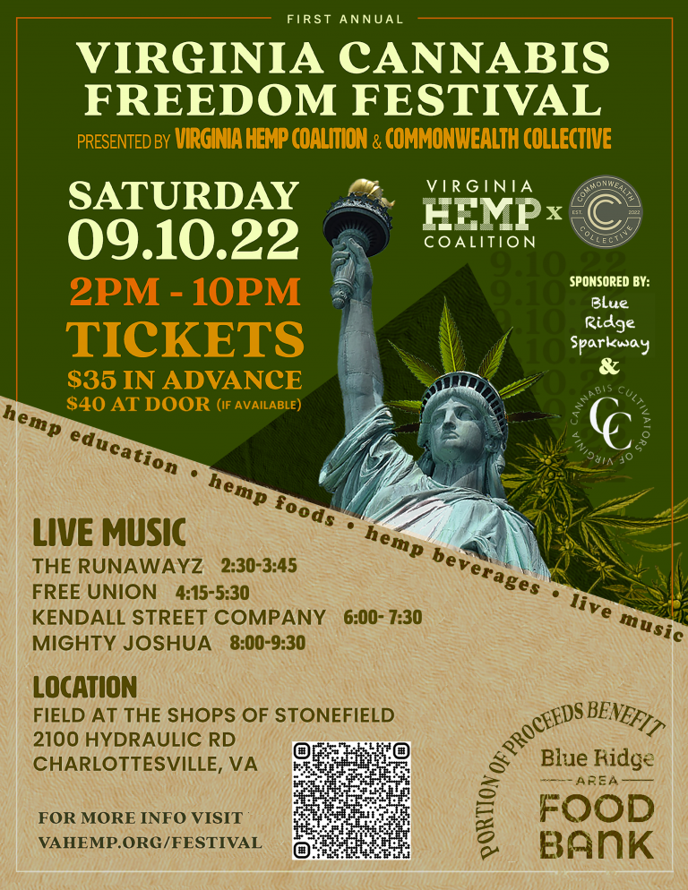 Poster for Virginia Cannabis Freedom Festival, Charlottesville, VA, on 09.10.22. Featuring Lady Liberty, live music, and hemp education.