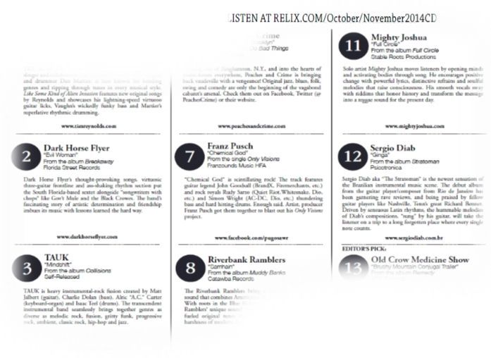 Music CD listing for October/November 2014, with song titles, artists, and album information.