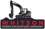 Black logo for Whitson Farms Excavation Company featuring a black excavator silhouette on a mound over red and white text.