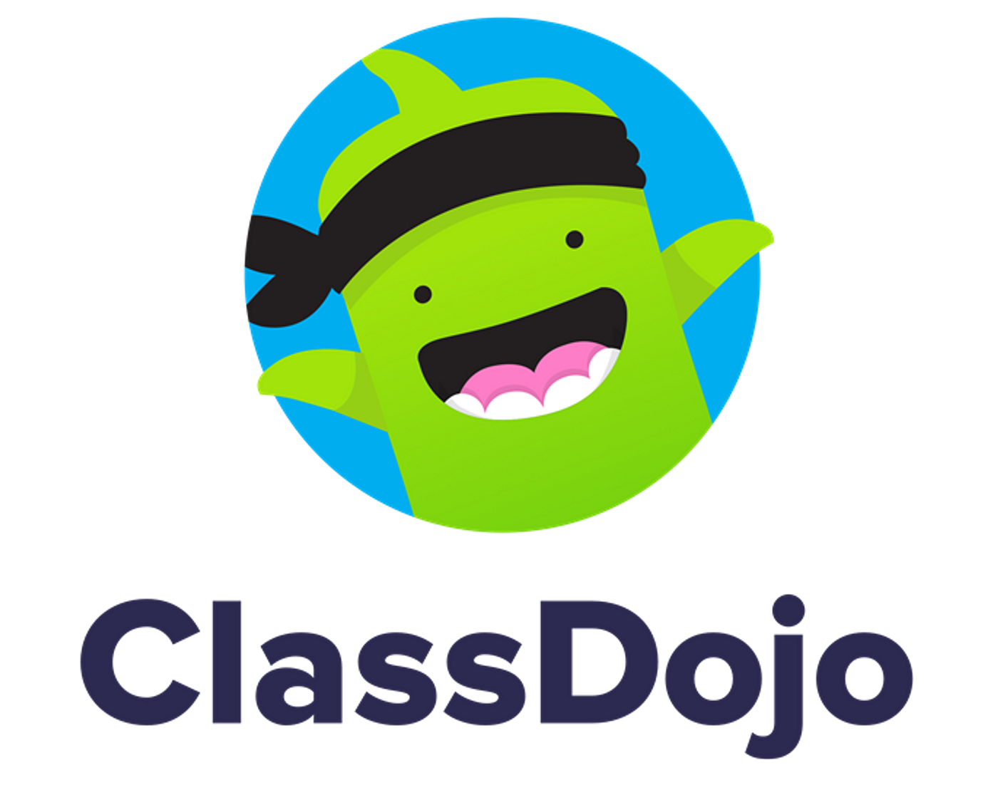 ClassDojo logo: Green monster with a black headband smiles inside a blue circle; text