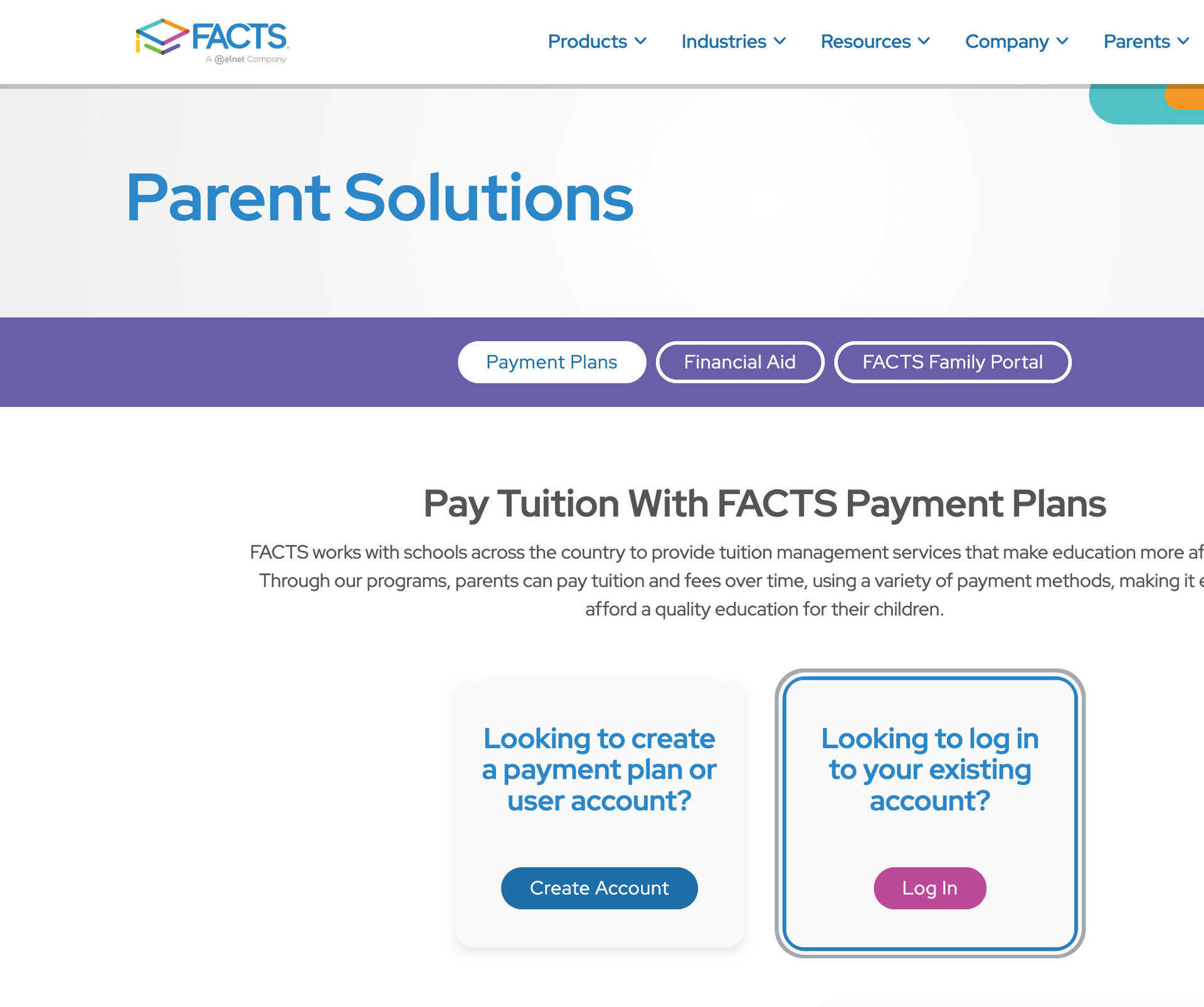FACTS parent solutions webpage. Offers payment plan options, with