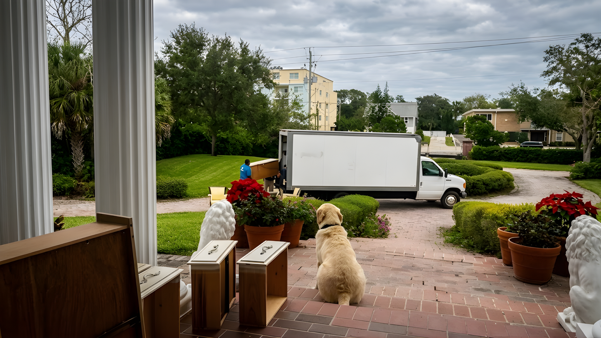 Stacked moving boxes and luggage beside a white floor lamp in a bright room