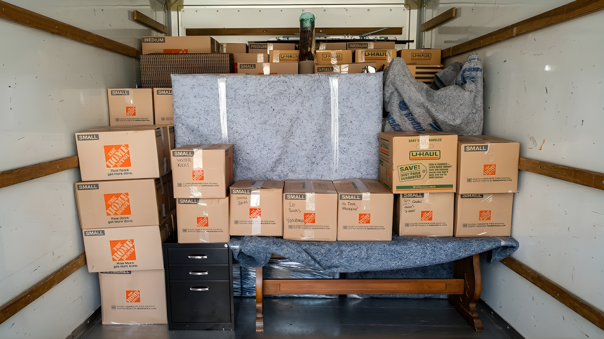 Sunlit moving boxes and lamps in a room, with a handwritten box labeled “kitchen with cake”