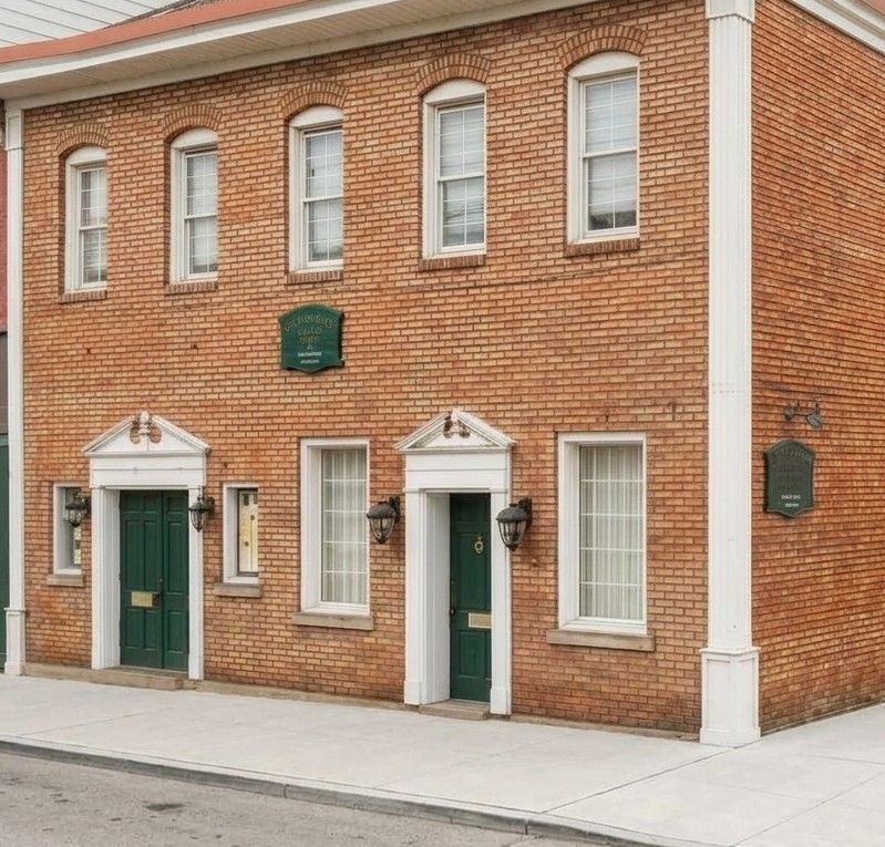 A large orange brick building with white trim, white windows, and green doors