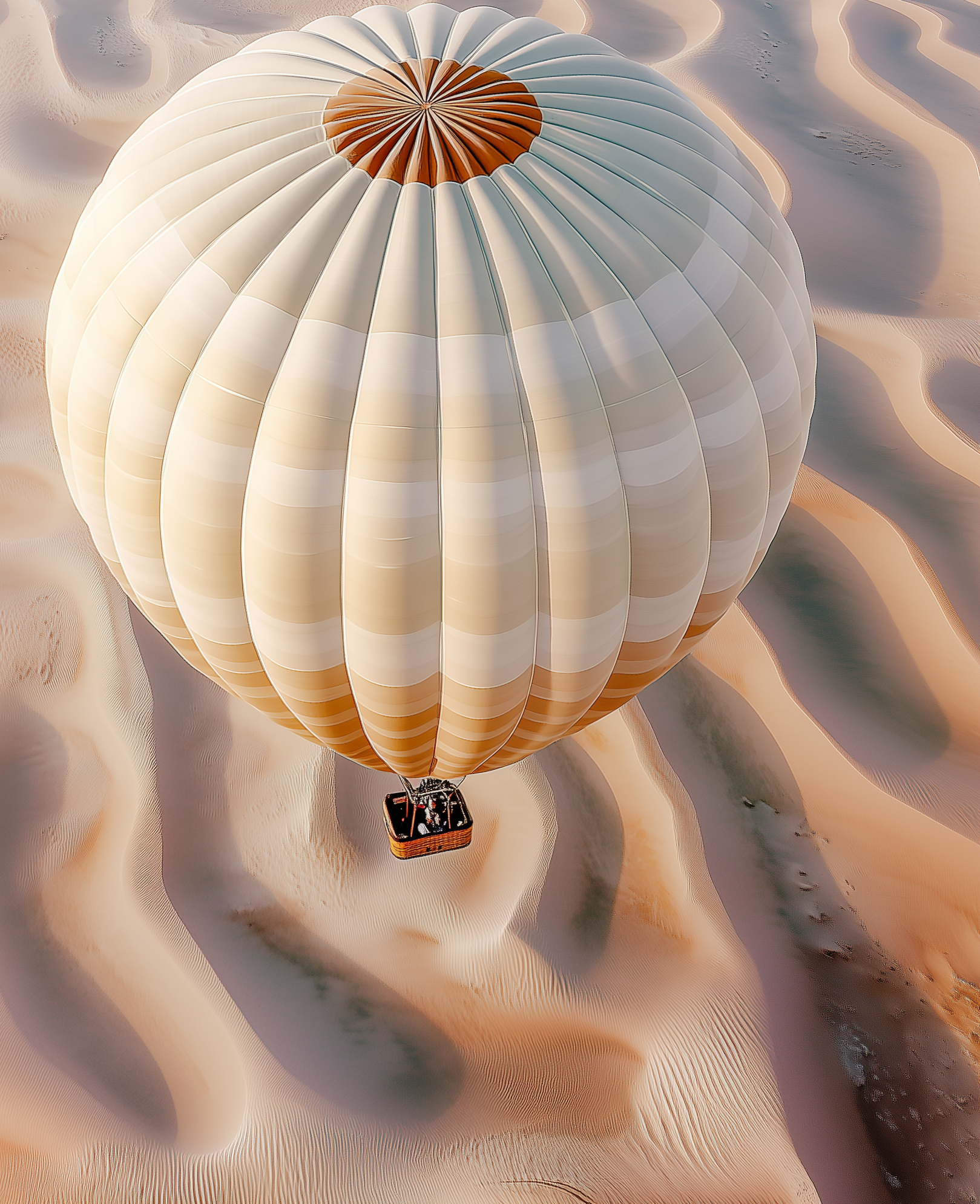 An aerial view of a hot air balloon flying over a desert.