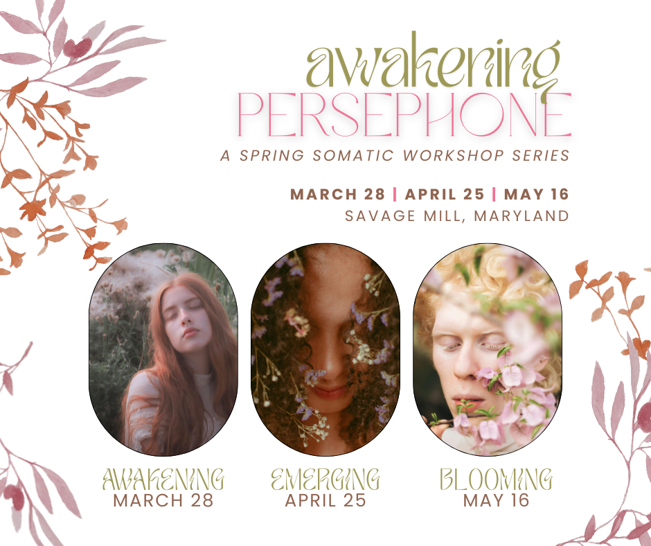 awakening persephone workshop promotion design: with name, dates, and images of people in fields, with flowers