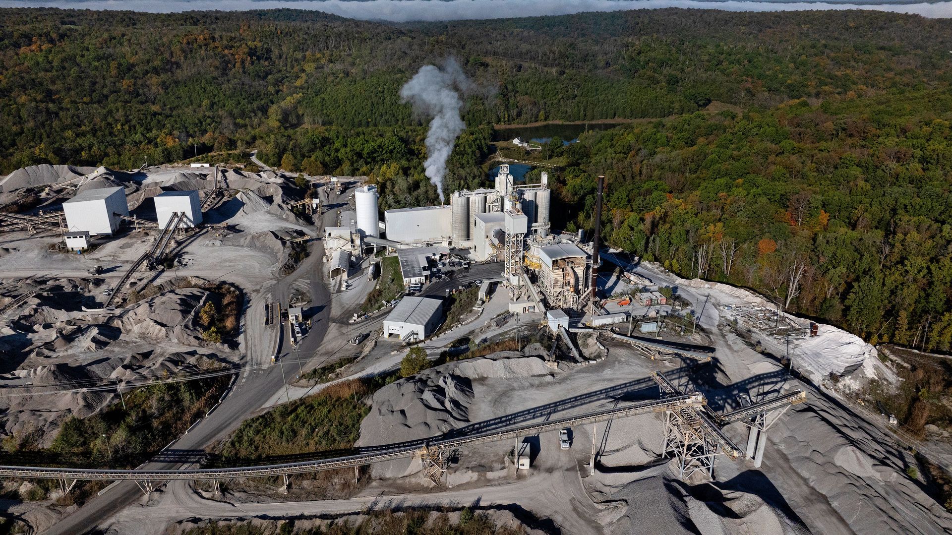 Overhead aerial image of operations underway at an industrial manufacturing plant. Image was taken using a drone. 