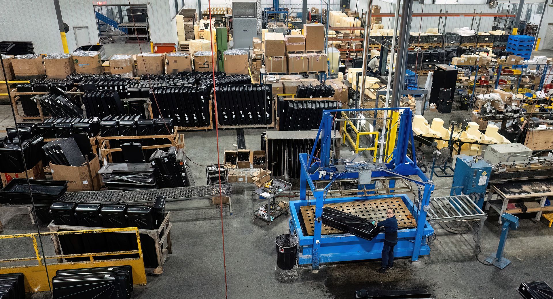 Overhead photograph of a manufacturing facility that makes plastic fuel and water storage containers. Photo was taken using a drone. 