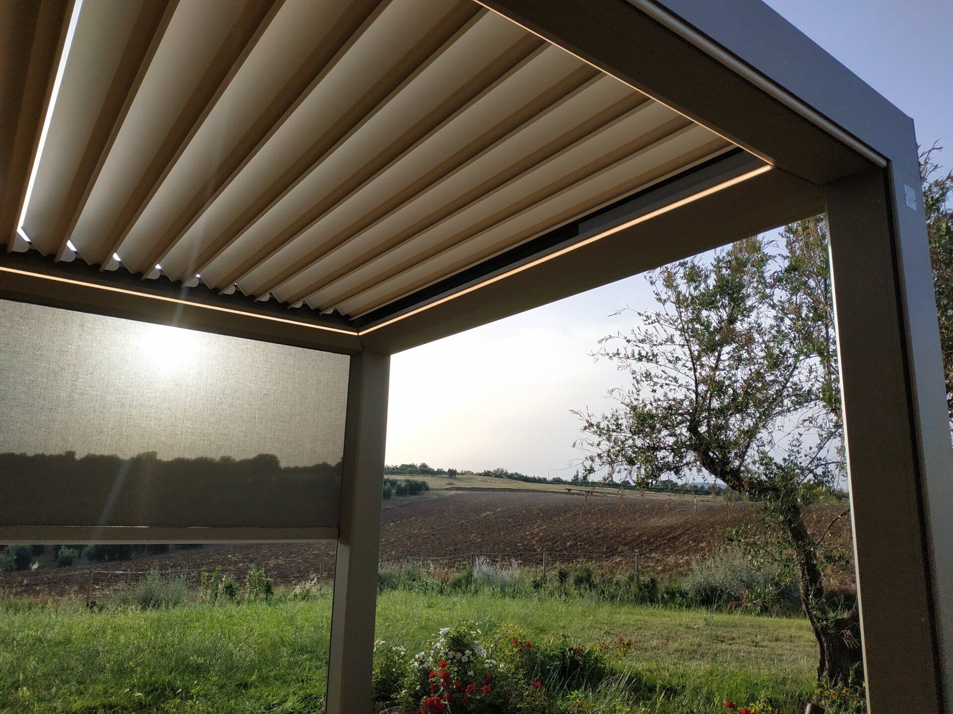 Tettoia del patio con doghe color beige che si affaccia su un prato e sugli alberi al tramonto