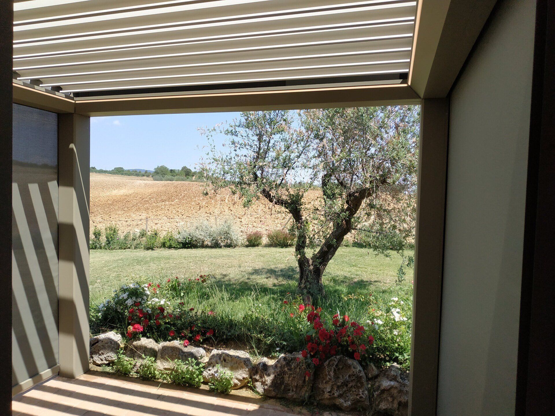 Vista dal patio su un giardino con fiori, un albero e campi soleggiati sullo sfondo.