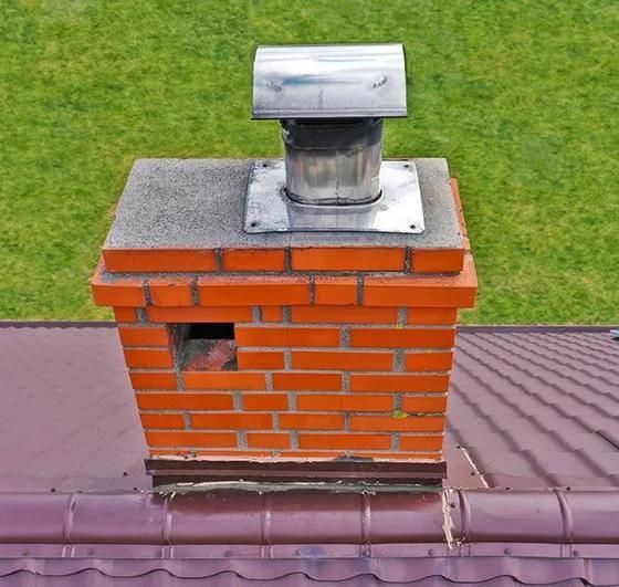 Brick chimney with metal flue on a red roof, with grass in the background.