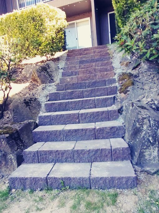 Steep concrete steps up a rocky slope to a house entrance, flanked by shrubs and trees