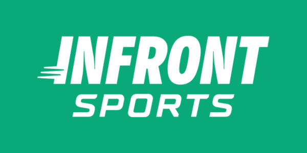 A green and white logo for infront sports