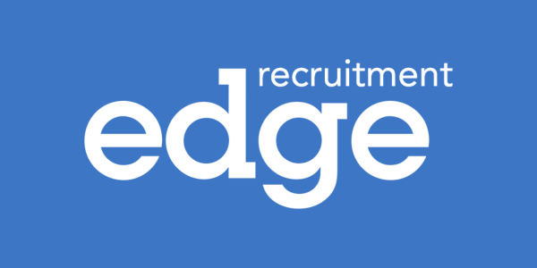 A blue and white logo for edge recruitment