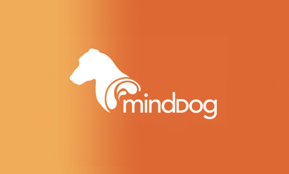A logo for minddog with a white dog on an orange background