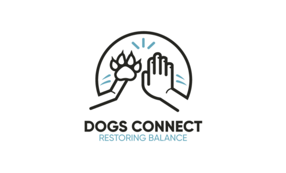 A logo for dogs connect restoring balance with two hands and a paw