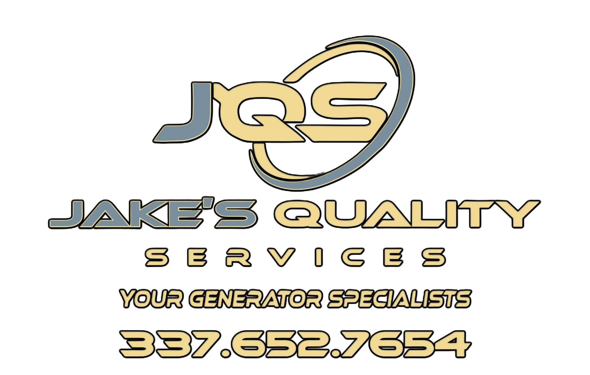 Jake’s Quality Services logo with “Your Generator Specialist” and phone number 337-652-7654 on white background