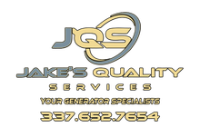 Jake&rsquo;s Quality Services logo with &ldquo;Your Generator Specialist&rdquo; and phone number 337-652-7654 on white background