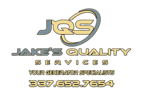 Jake&rsquo;s Quality Services logo with &ldquo;Your Generator Specialist&rdquo; and phone number 337-652-7654 on white background